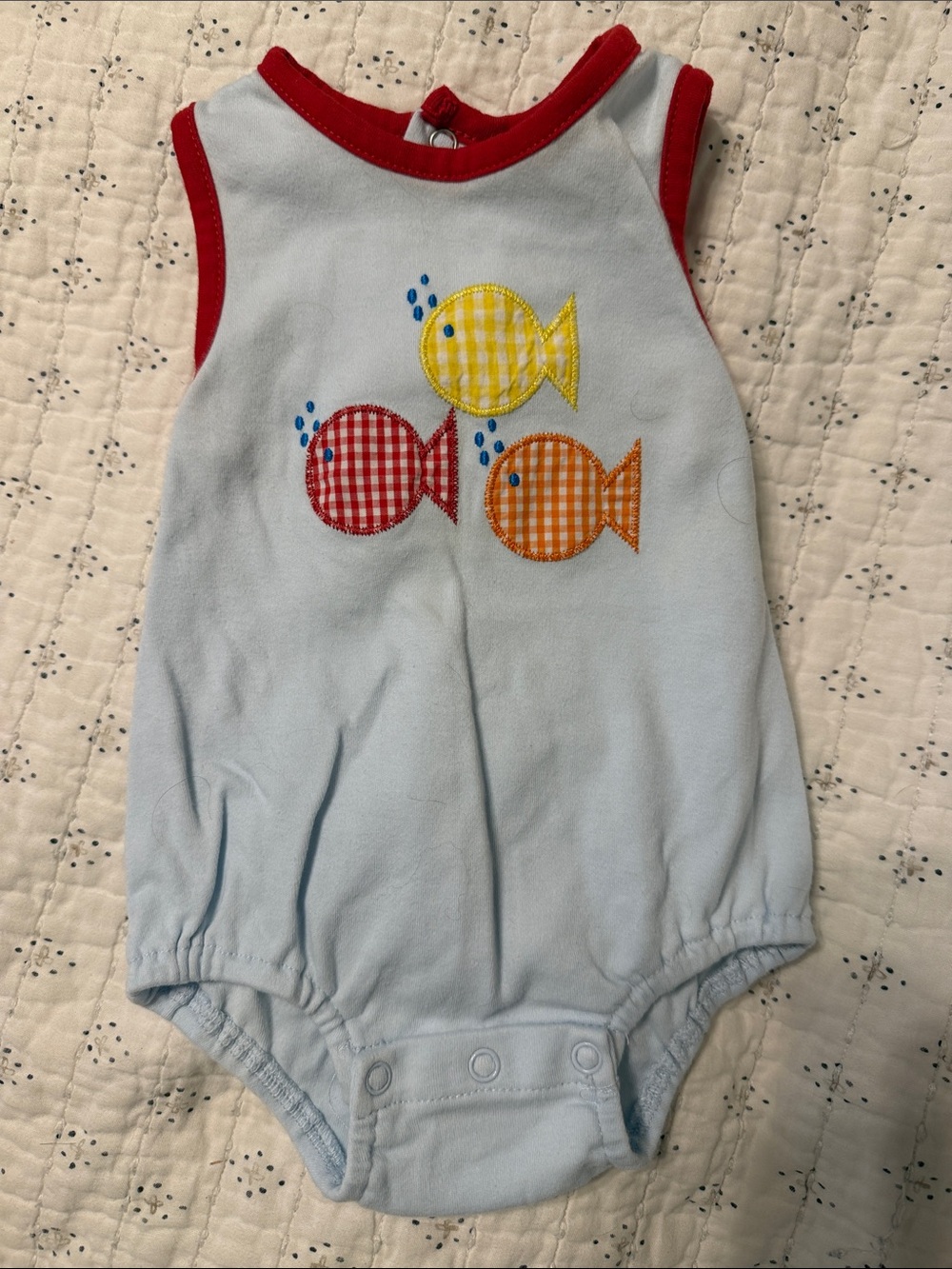 Baby Romper One-Piece with Colorful Fish Appliqué - Light Blue